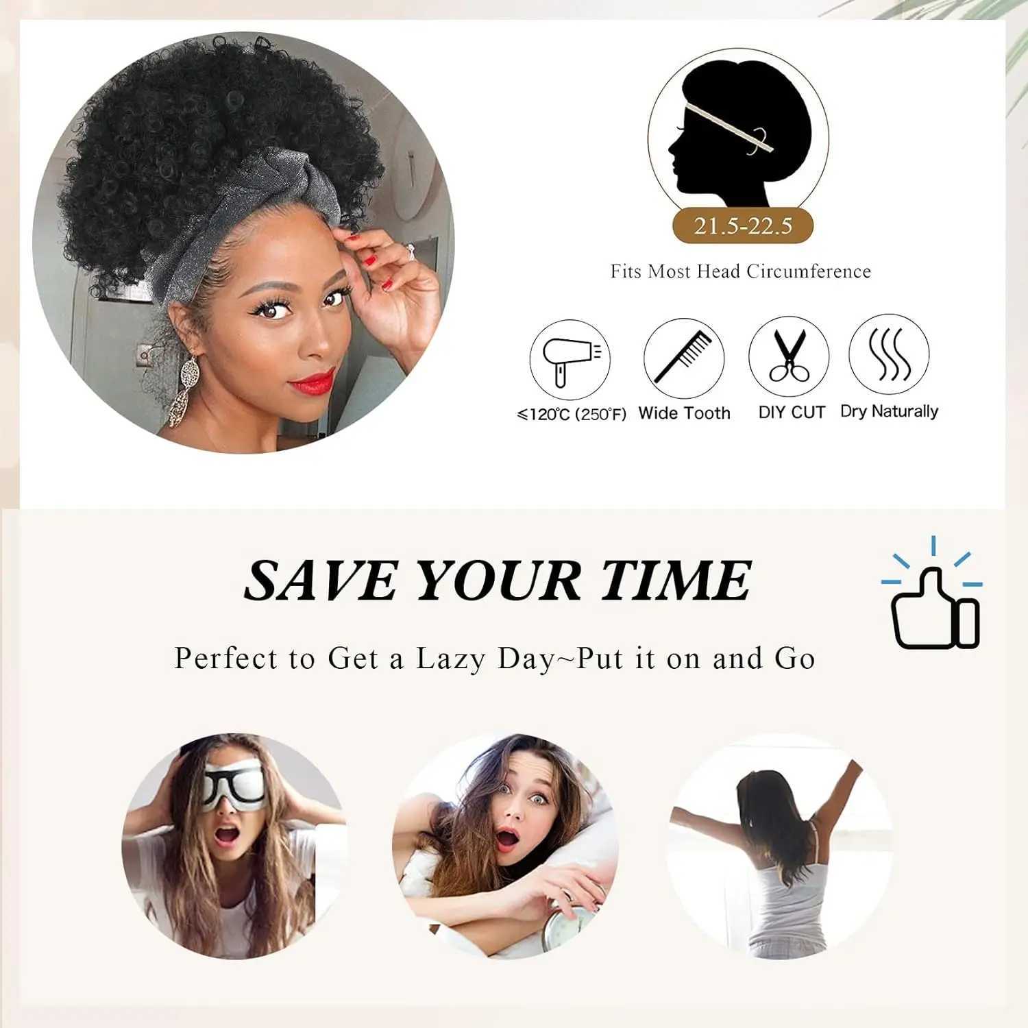 Perucas sintéticas afro bandana peruca kinky encaracolado perucas para mulheres curto encaracolado preto peruca peruca natural afro com faixa de cabeça de prata anexada shor 240318