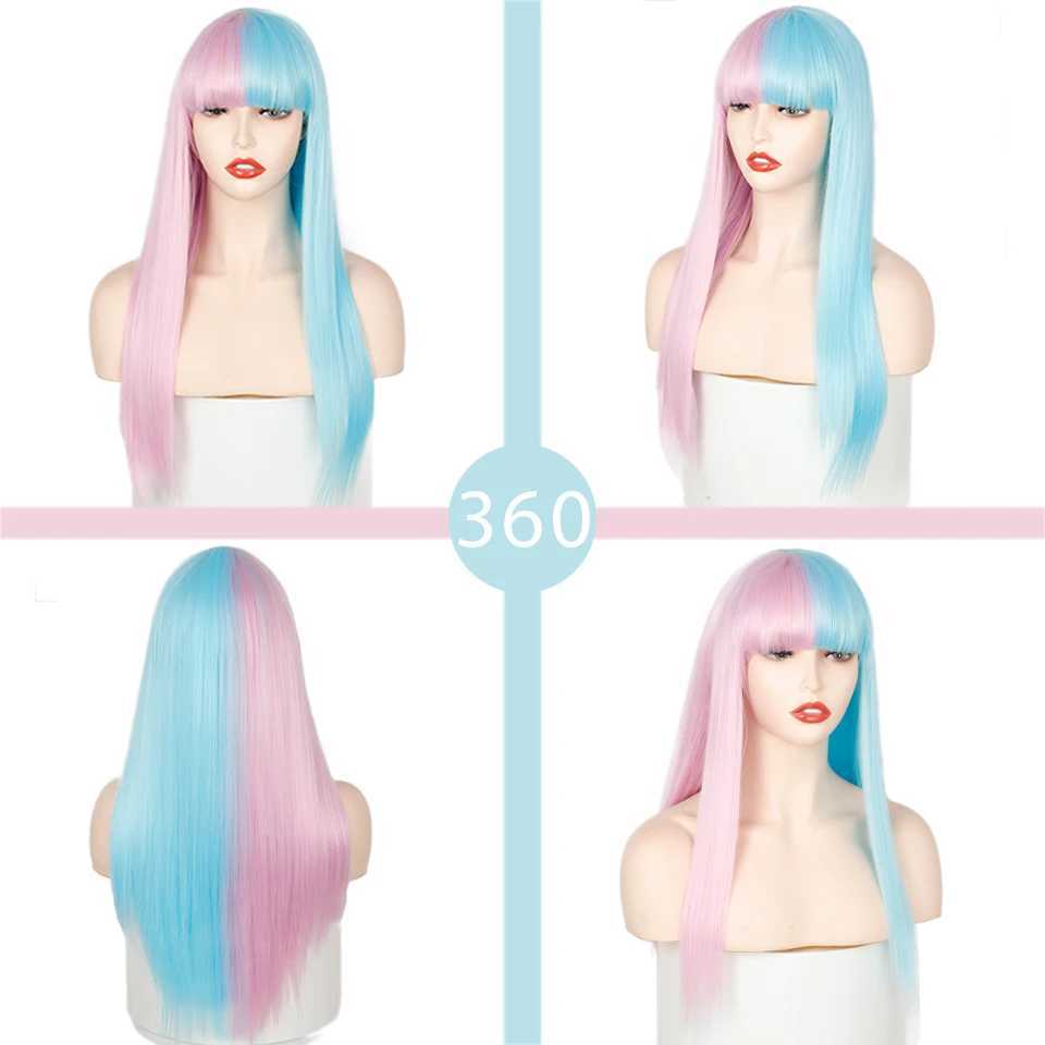 Perucas sintéticas Lolita metade rosa metade azul peruca para mulheres peruca sintética com franja resistente ao calor perucas cosplay peruca de Halloween 240328 240327