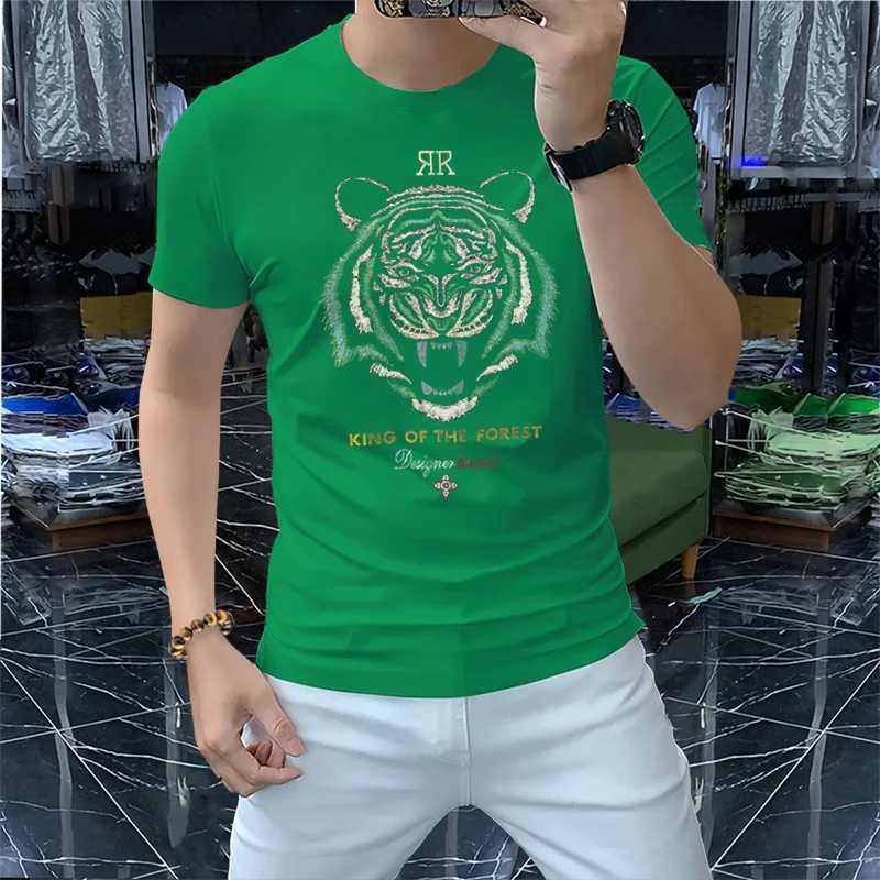 Homens camisetas 2022 verão novo diamante quente mens camisetas tigre cabeça padrão design pesado artesanato fino casual redondo pescoço magro tees M-4XL J240316