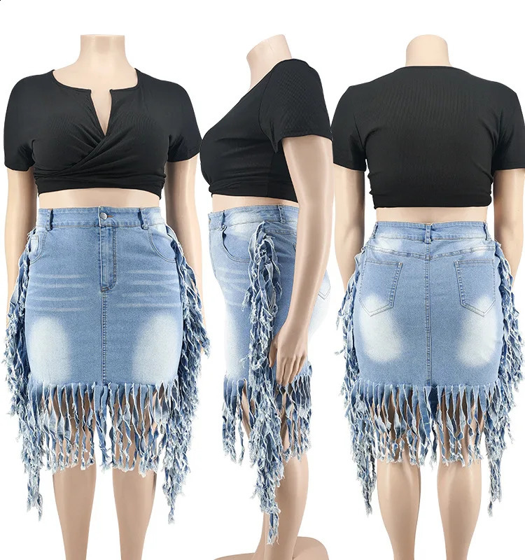 Plus Size Denim Tassel Denim Short Skirts for Women High Waist Fringed Mini Female Bottoms Spring Summer Matching Outfits 240329