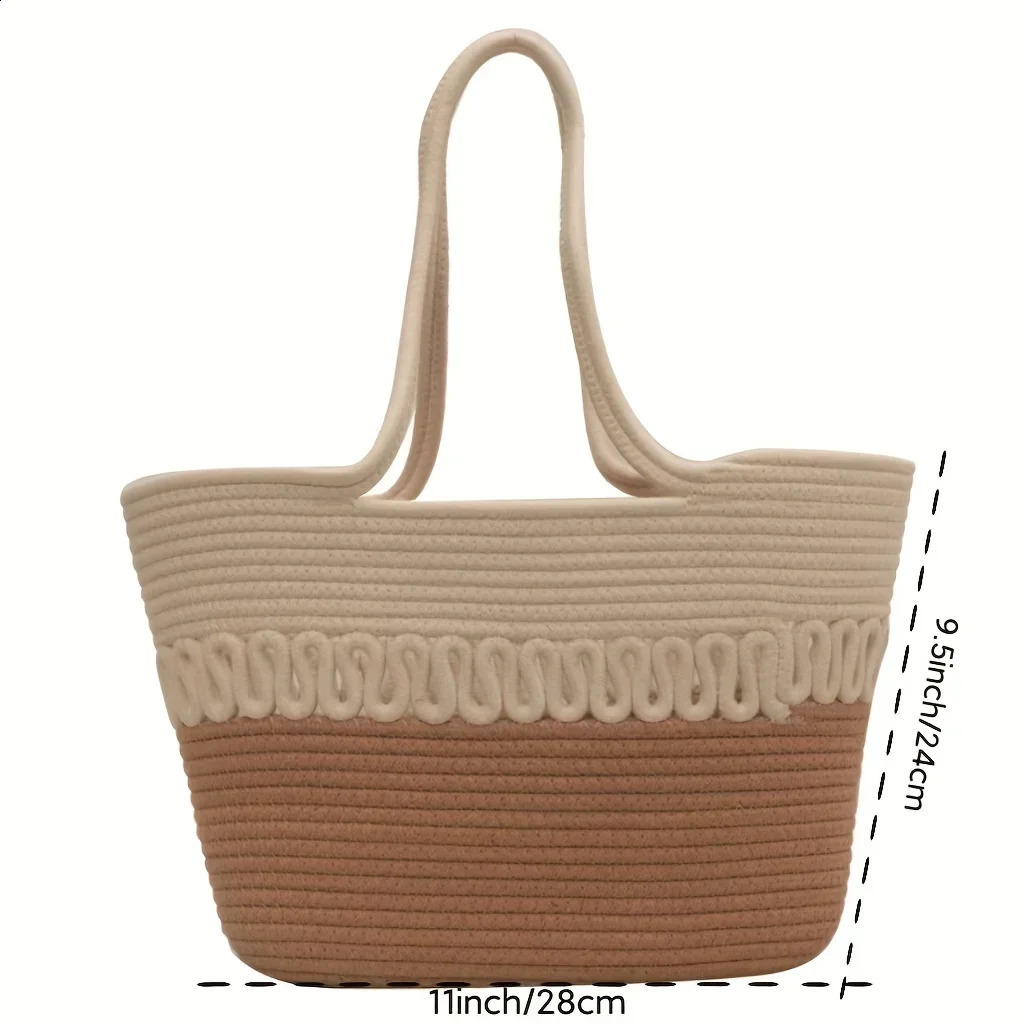 Knitting Kits Fabric Khaki Beach Bag Large Capacity Handmade Straw Summer Holiday Leisure Women Bags Shopping 240307