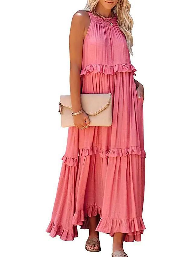 Dames casual jurken Boho mouwloze spaghettiband maxi-jurk gesmokte gelaagde lange strand losse zonjurken
