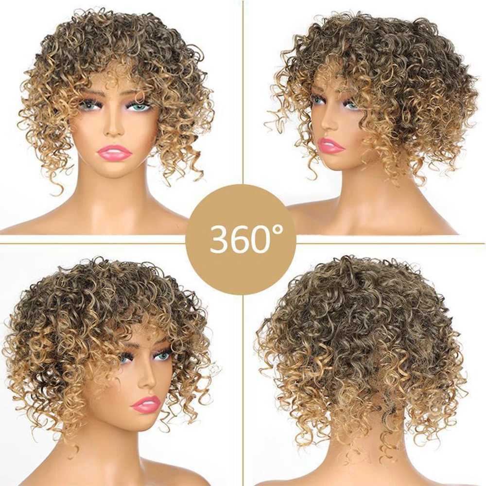 Syntetiska peruker Kort syntetiskt hår Twisted Curl Wig With Black Female African For Woman Fake Fringe Hairpiece Wig Clip in Hair 240329