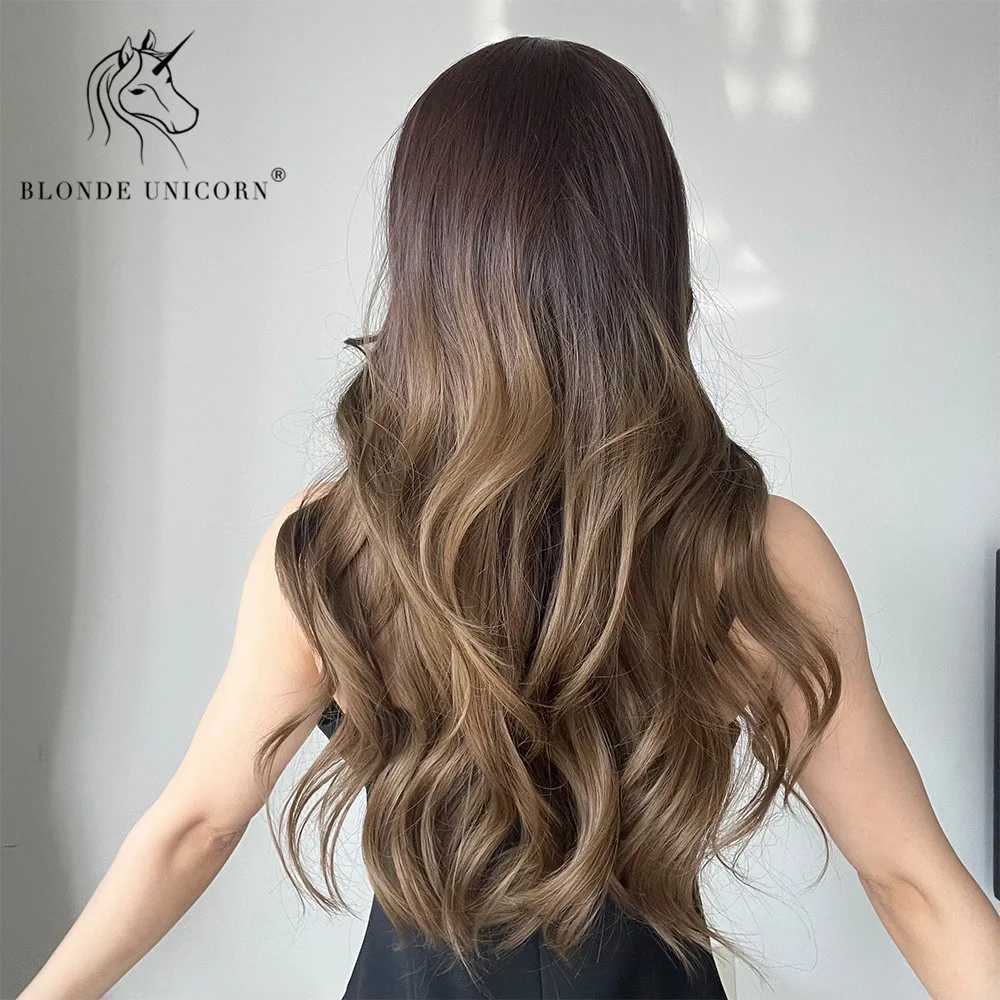 Parrucche sintetiche Bionda Unicorno Parrucca sintetica ondulata lunga Ombre Marrone le donne Festa quotidiana Uso nuziale Parrucche Fibra resistente al calore Frangia Capelli 240328 240327