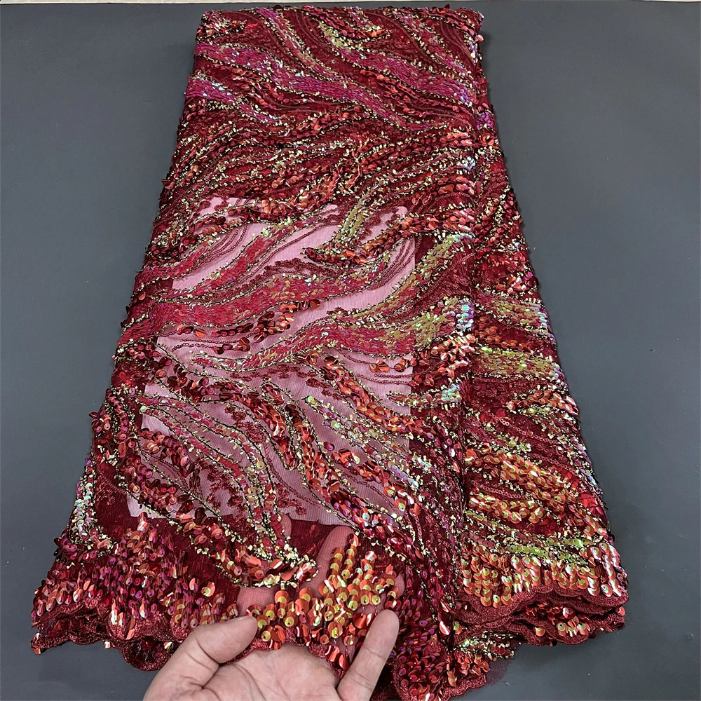 Tessuto africano del pizzo Paillettes Ricami Abiti da festa dorati Tessuti a rete le donne Tulle Design Cucito 5 metri di stoffa metro 240306