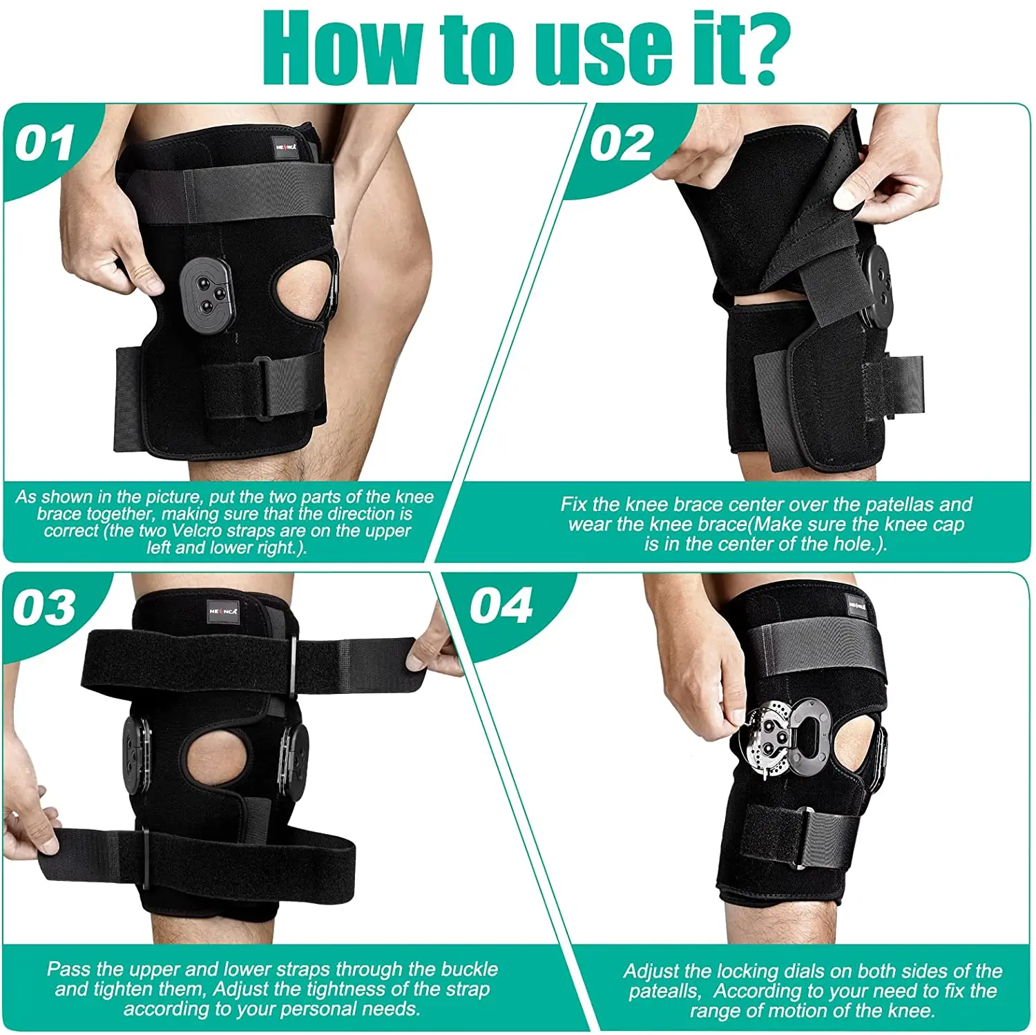 안전 힌지 무릎 브레이스 조절 가능한 무릎 지원 무릎 통증 관절염 ACL PCL MENISCUS TEAR 용 잠금 다이얼의 측면 안정제.