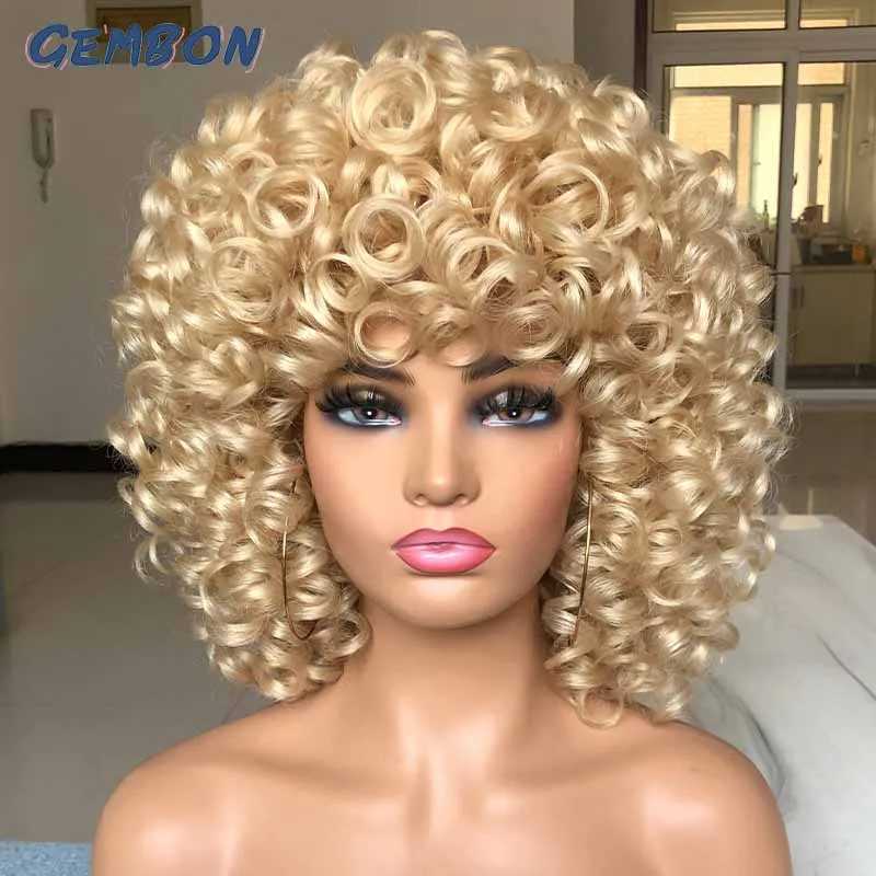 Perruques synthétiques Cheveux courts Afro perruque bouclée perruques blondes naturelles avec frange Cosplay Lolita perruques synthétiques pour femmes fibre résistante à la chaleur point culminant 240328 240327