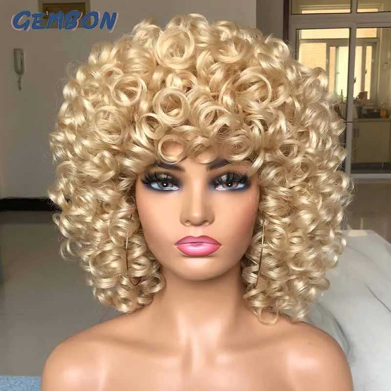 Syntetiska peruker Kort hår Afro Curly Wig Natural Blonde Wigs With Bangs Cosplay Lolita Syntetiska peruker för kvinnor Värmebeständigt fiber Höjdpunkt 240328 240327