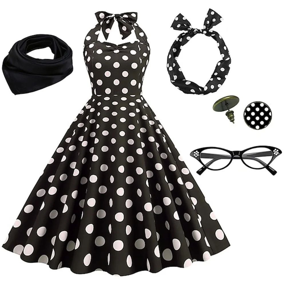 Kvinnors rockabilly klänning polka prickar svängande flare klänning med tillbehör set örhängen huvudband glasögon klänning