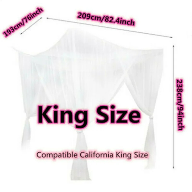 Lujoso dosel cuadrado con mosquitera sexy de cuatro puertas, tamaño de cama doble King/Queen, elegante red blanca para prevenir insectos 240228