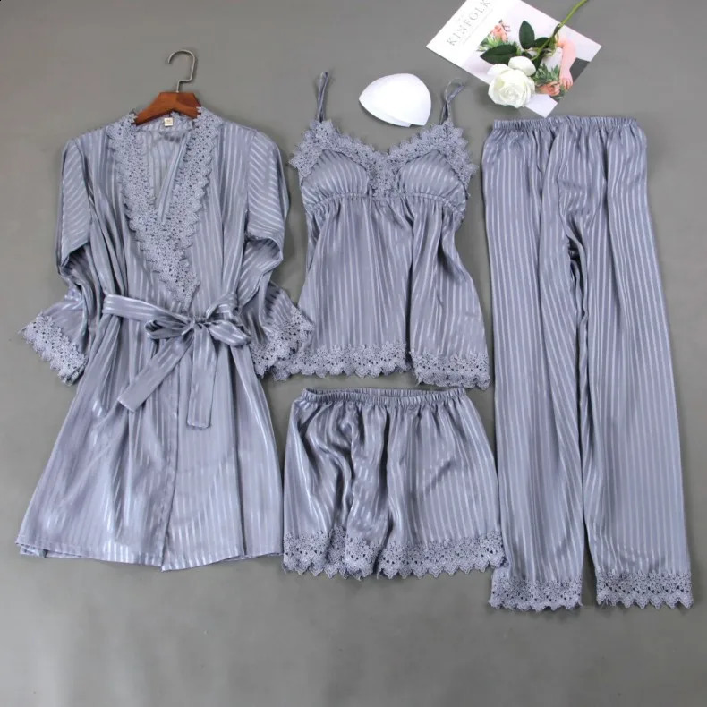 Frauen Schlaf Set Satin Gestreiften Pyjamas Anzug Pijamas Sexy Kimono Bademantel Kleid Hause Kleidung Spitze Patchwork Nachtwäsche 240308