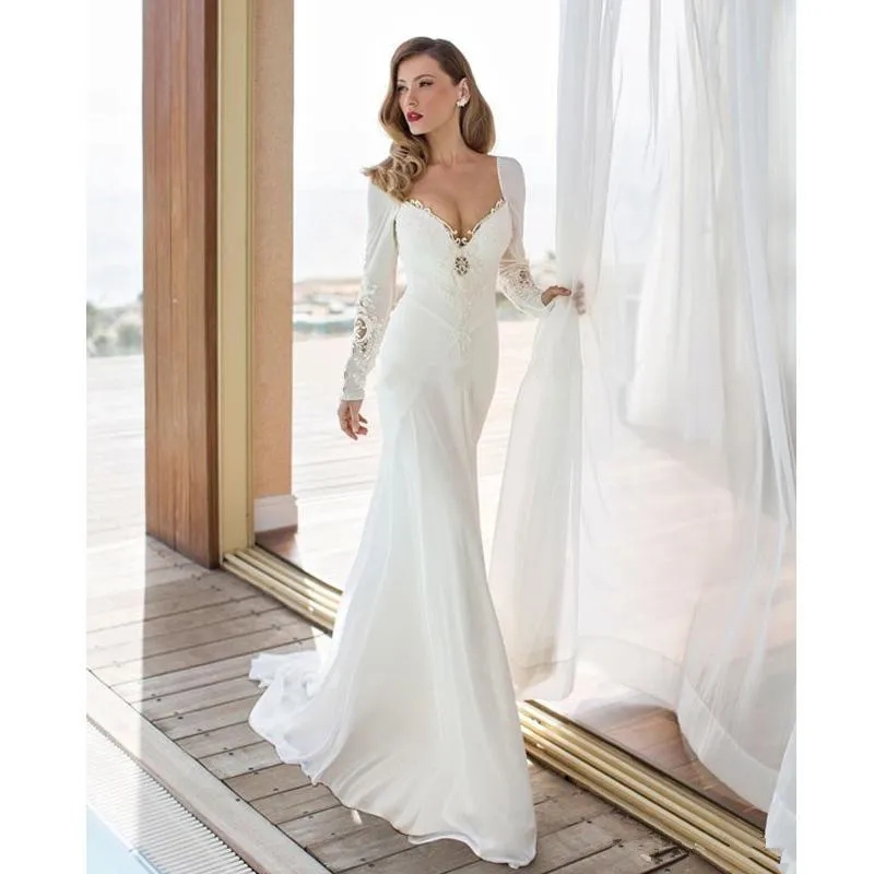 2024 Elegant Mermaid Wedding Dress Long Sleeve V-neck Lace Vestido De Noiva Backless Bridal Gowns Open Back Robe De Mariee YD