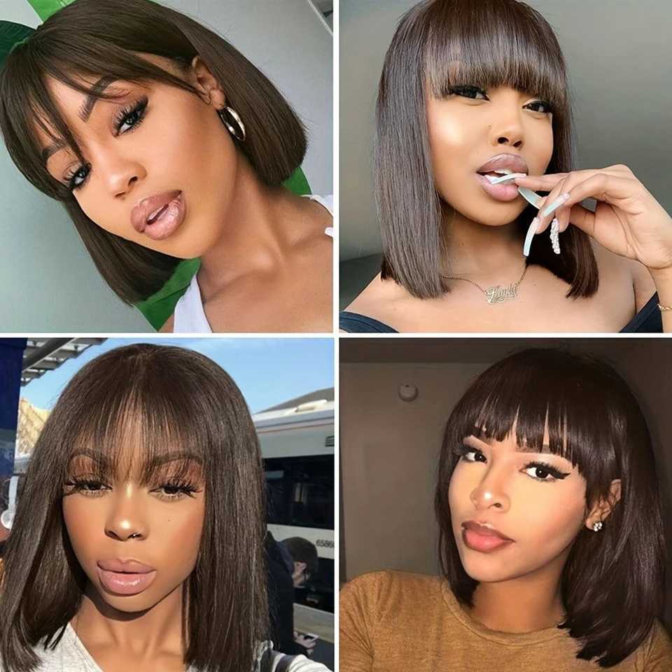 Synthetic Wigs Brazilian Short Straight Hair Bob Wigs Human Hair Wig With Bangs Remy Full Machine Made Wig for Women Non Lace Glueless Bob Wig 240328 240327