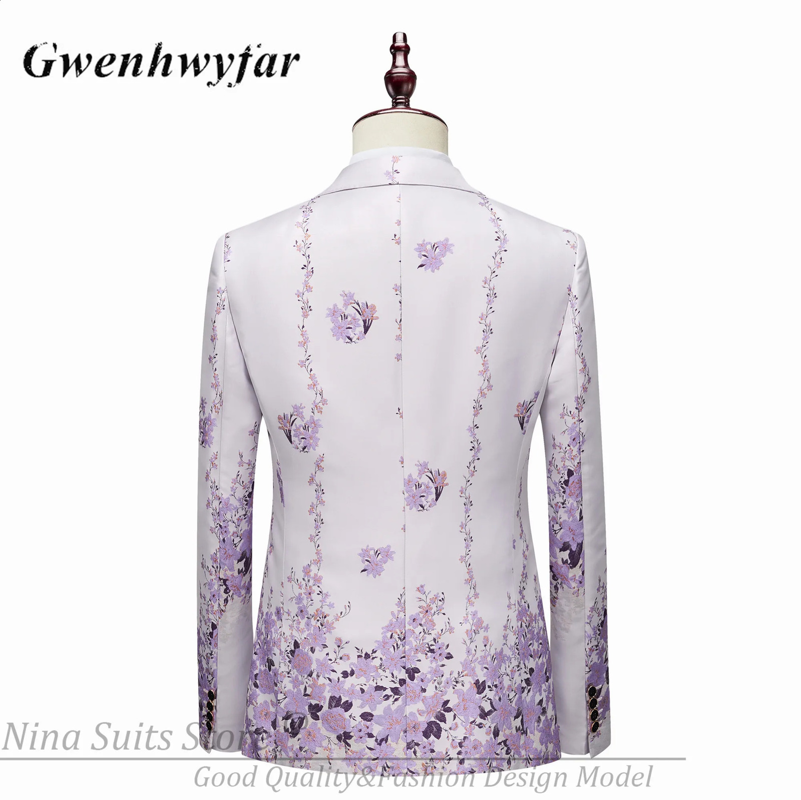 G nシリーズの男性スーツブレザー美しいライラック紫色の花柄のタキシード3ピースフォーマルパーティーコスチュームhommeスリムフィット240312
