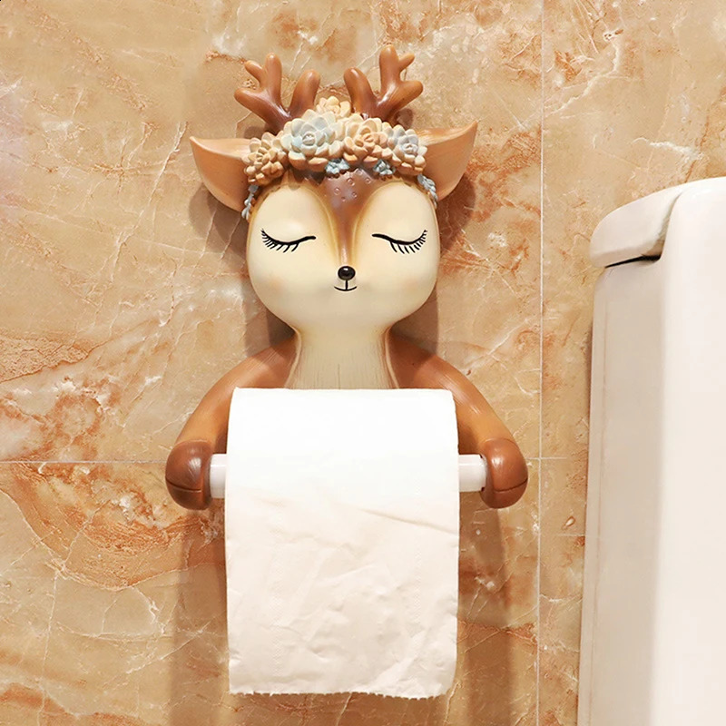 Mignon dessin animé cerf porte-papier toilette créatif animal mural suspendu rouleau papier étagère salle de bain boîte à mouchoirs support de rangement 240318