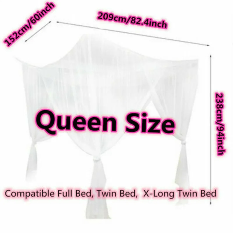 Lujoso dosel cuadrado con mosquitera sexy de cuatro puertas, tamaño de cama doble King/Queen, elegante red blanca para prevenir insectos 240228