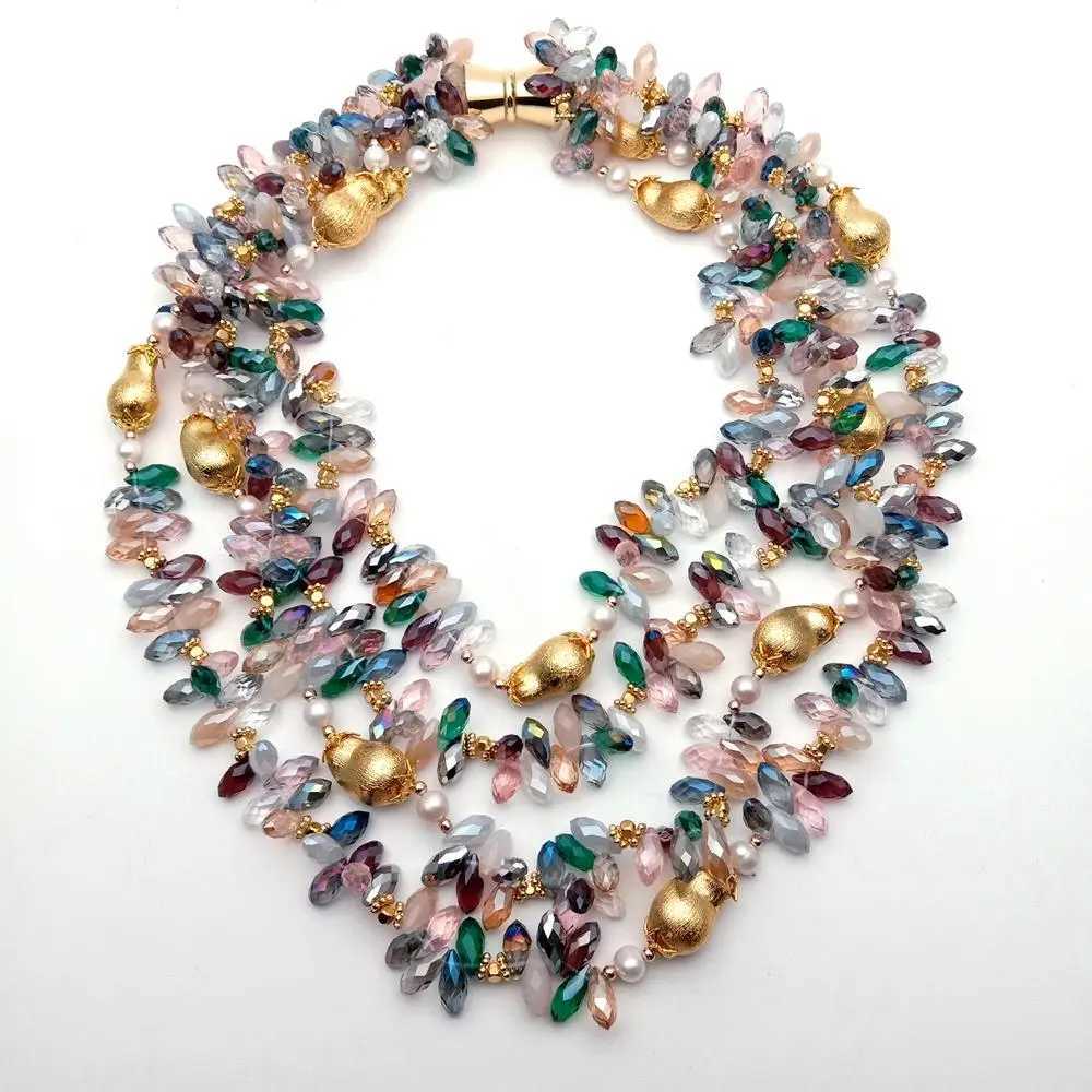 Hänghalsband Y.ying 4 trådar Multi Color Crystal Borsted Bead White Pearl Statement Halsbandsmycken för kvinnor Girlsl24