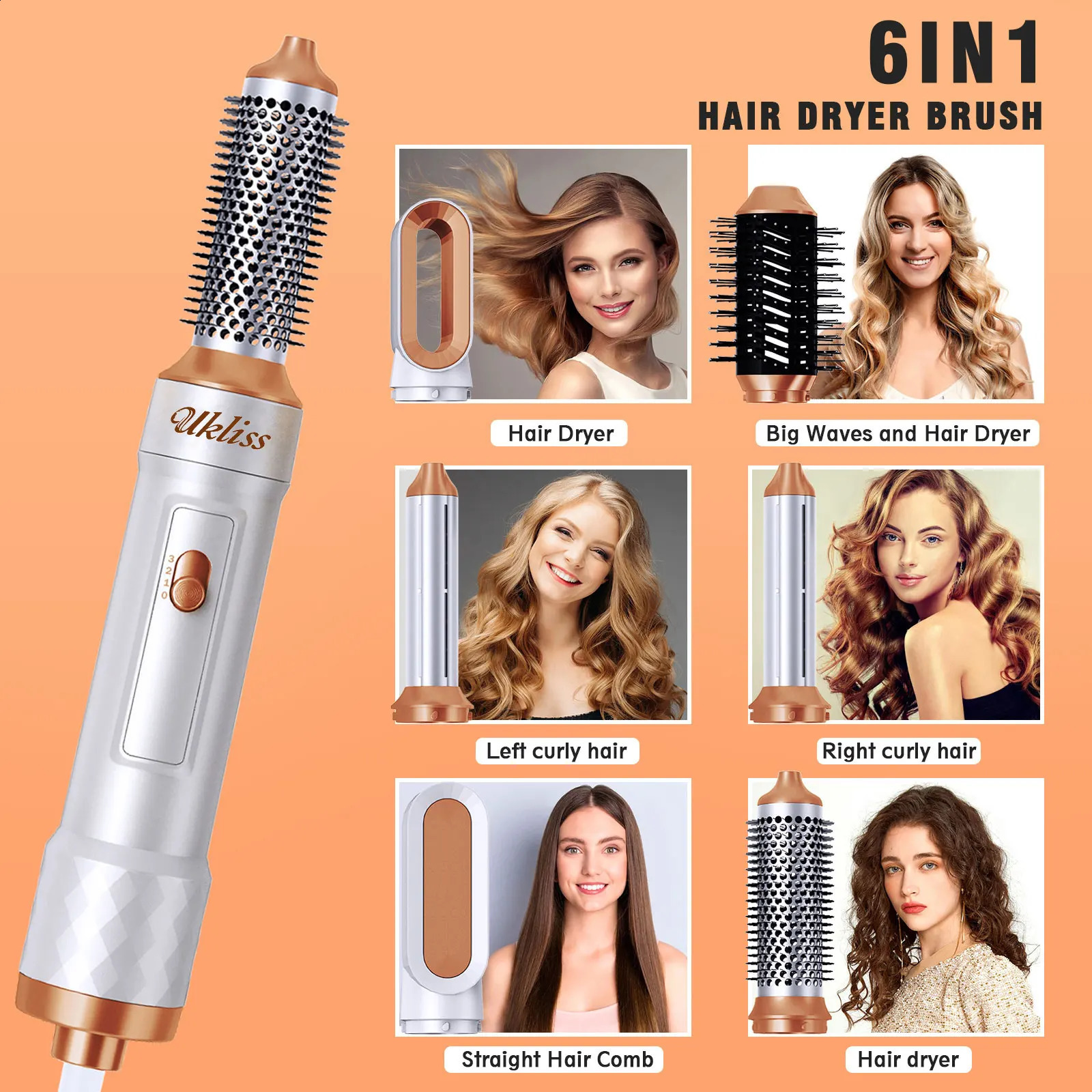 6 in 1品質のヘアドライヤーブラシエアブラシカールとストレートヘア自動ストレートヘアコームスタイリングヘアドライヤー240312