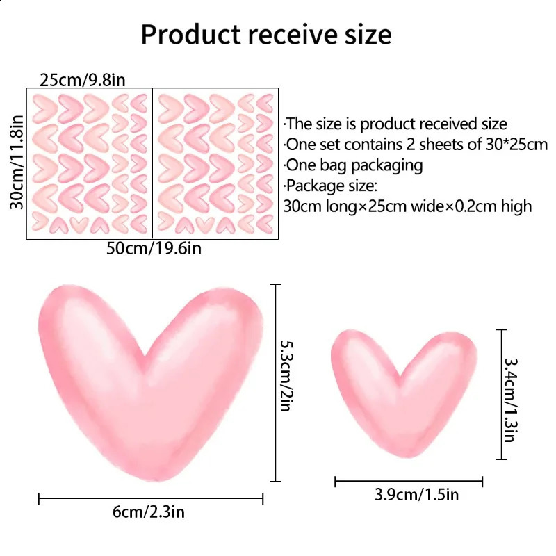 1 Sheets Pink Heart Wall Stickers Big Small Hearts Art Decals for Children Baby Girls Room Nursery Wallpapers Decor 240306