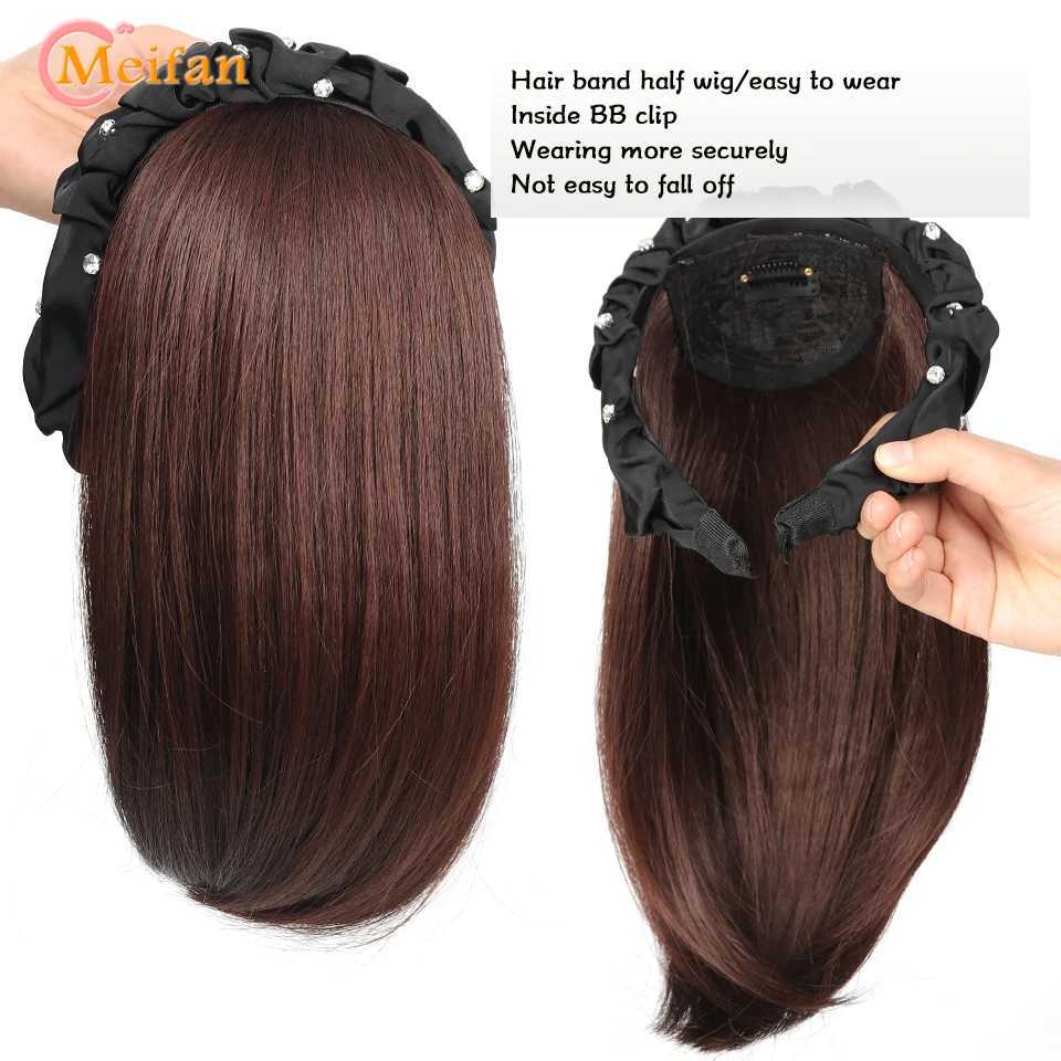 Synthetische pruiken meifan synthetische bob rechte topper haarstuk hoofdband halve pruik clip in haar vals haarstukje met zwarte haarband 240329