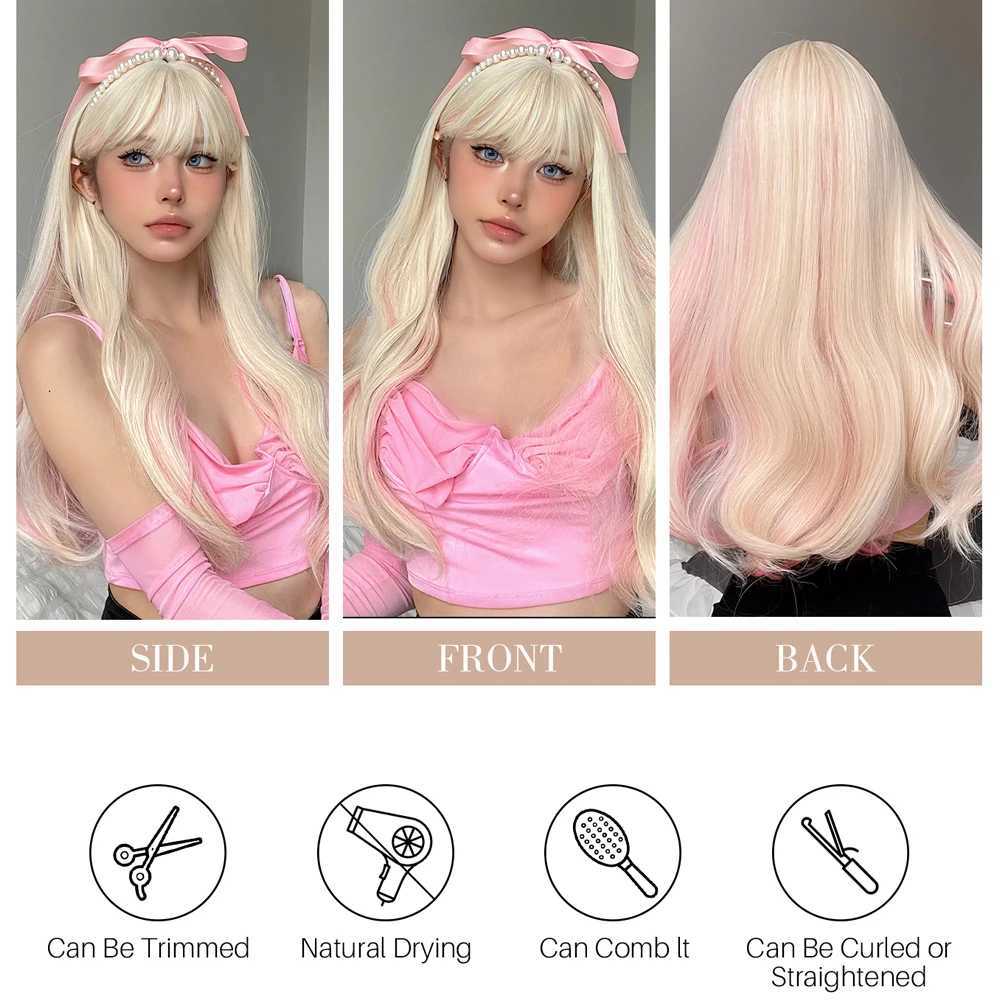 Syntetiska peruker syntetiska rosa platinblond cosplay peruk med lugg långt vågigt naturligt hårparti lolita peruker för kvinnor värmebeständig fiber 240328 240327