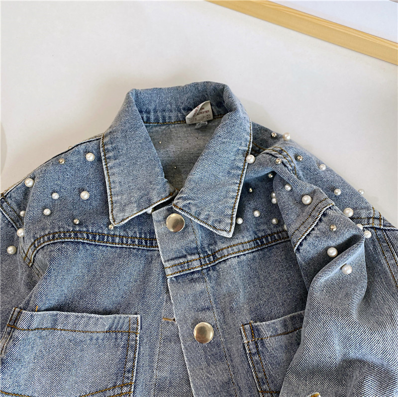 Fashion girls beaded denim jacket INS kids lapel long sleeve cowboy outwear children casual coat S1213