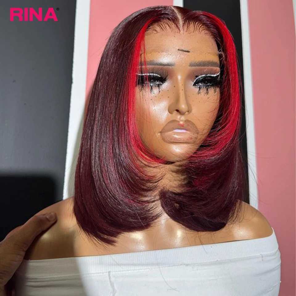 Synthetic Wigs Dark Burgundy With Red Bob Wigs Human Hair Straight Bob Wig 13x4 Lace Front Human Hair Wigs 180% Density Pre Plucked For Women 240329