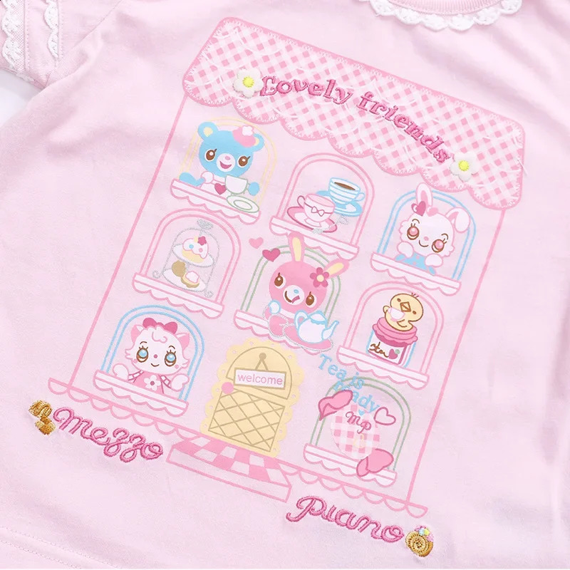 Pianist Kids Girl Cartoon Candy House Bunny Print broderad kortärmad spets krage t-shirt 240313