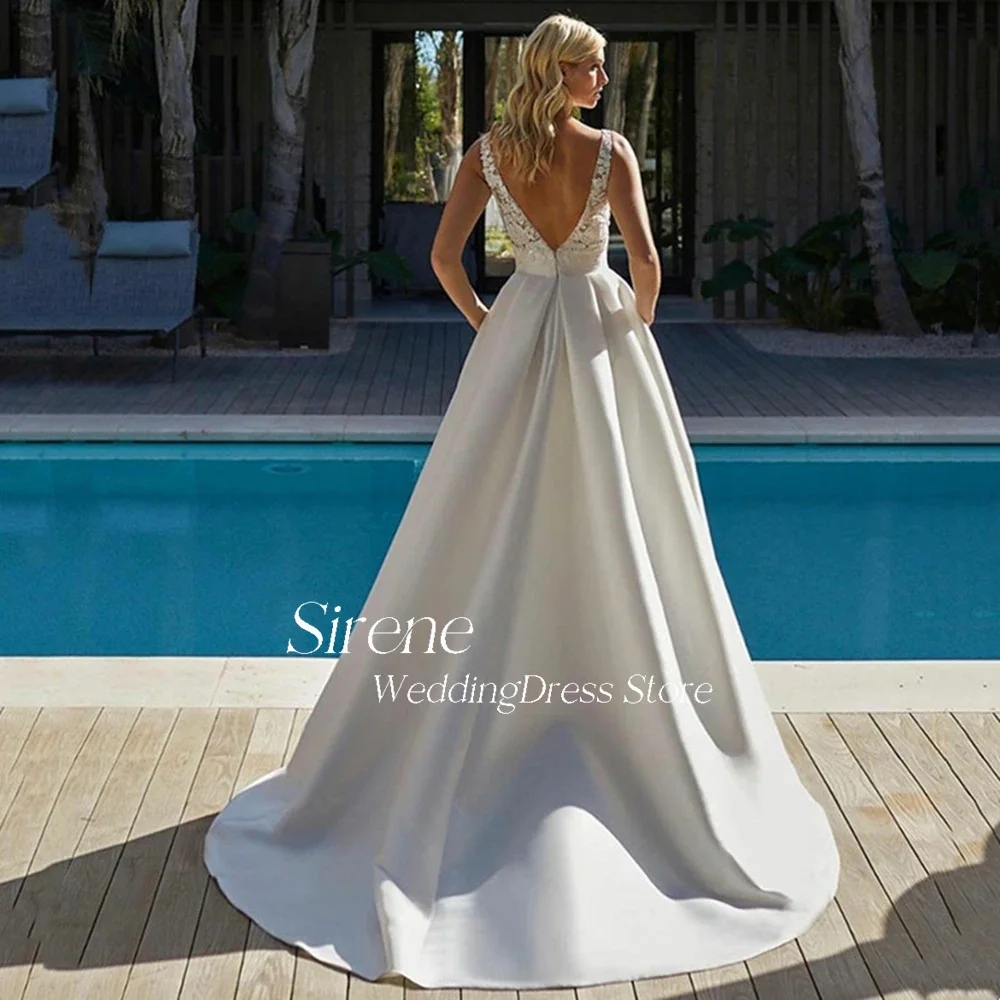 Robe De mariée en Satin avec des appliques De dentelle De plage, ligne a, col en v, sans manches, dos nu, sur mesure, YD