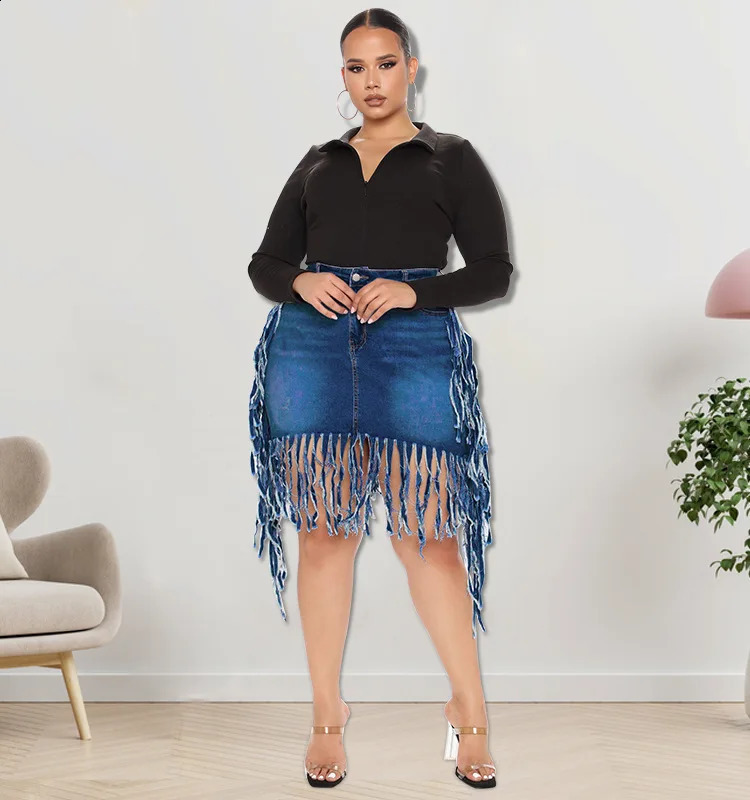 Plus Size Denim Tassel Denim Short Skirts for Women High Waist Fringed Mini Female Bottoms Spring Summer Matching Outfits 240329