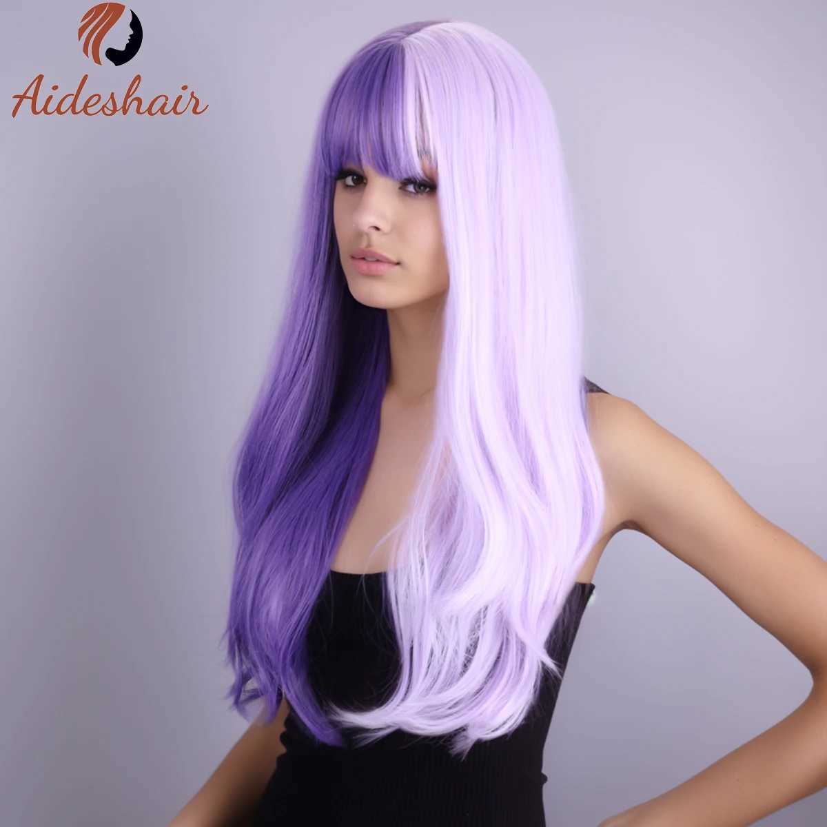 Synthetic Wigs Matching color long pink purple wavy wig with fringe for women natural synthetic curly wig heat-resistant fiber wig for daily Co 240328 240327