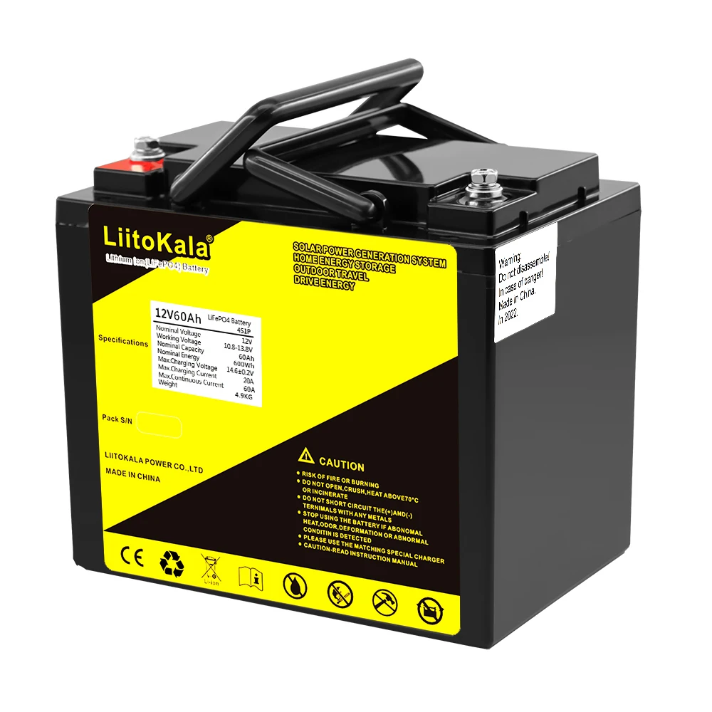 Liitokala 12V 60AH de profondeur LIFEPO4 Batterie rechargeable Pack de batterie 12.8V 60AH Cycles de vie 4000 avec protection BMS intégrée