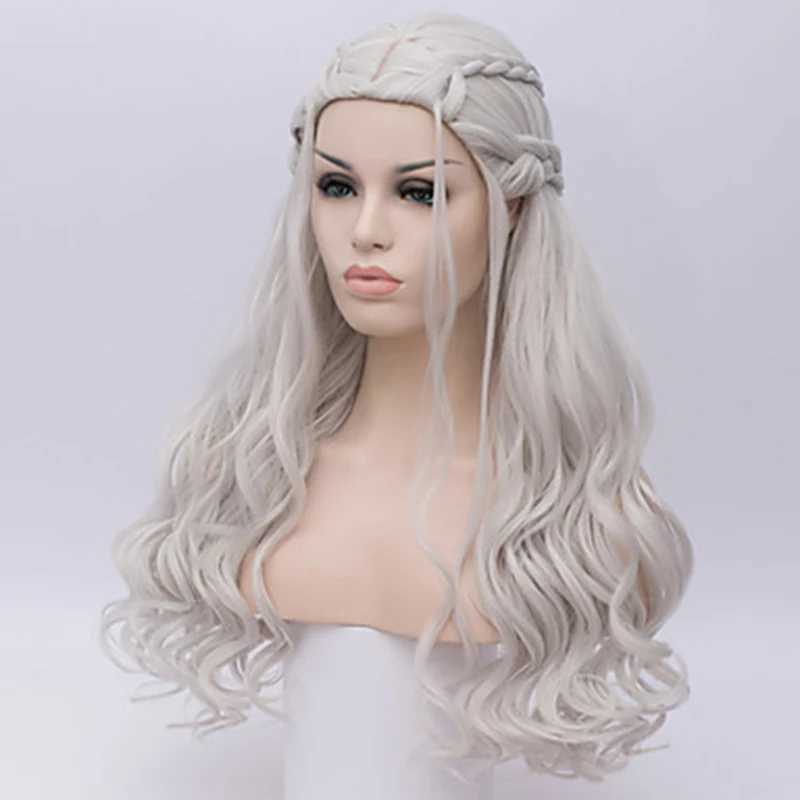 Parrucche sintetiche HAIRJOY Capelli sintetici Parrucche Daenerys Targaryen Argento Lunga intrecciata Costume Cosplay Parrucca Queen Lolita donne 240328 240327