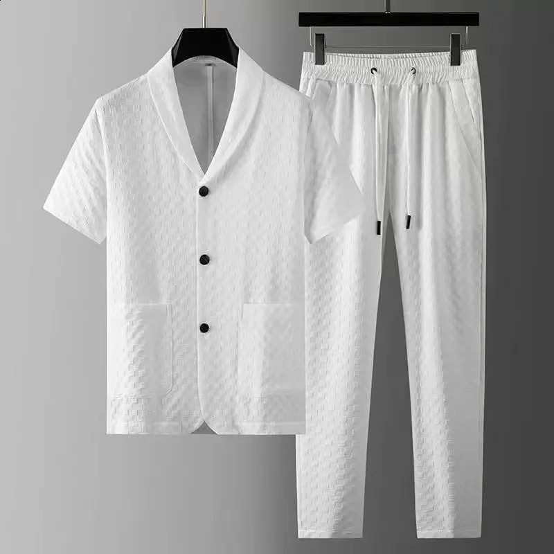 Mode Mens Two Piece Set Spring Summer Casual Short Hleeve Shirts Pants Passar Solid Geometry Pattern Printed Outfit Men 240312