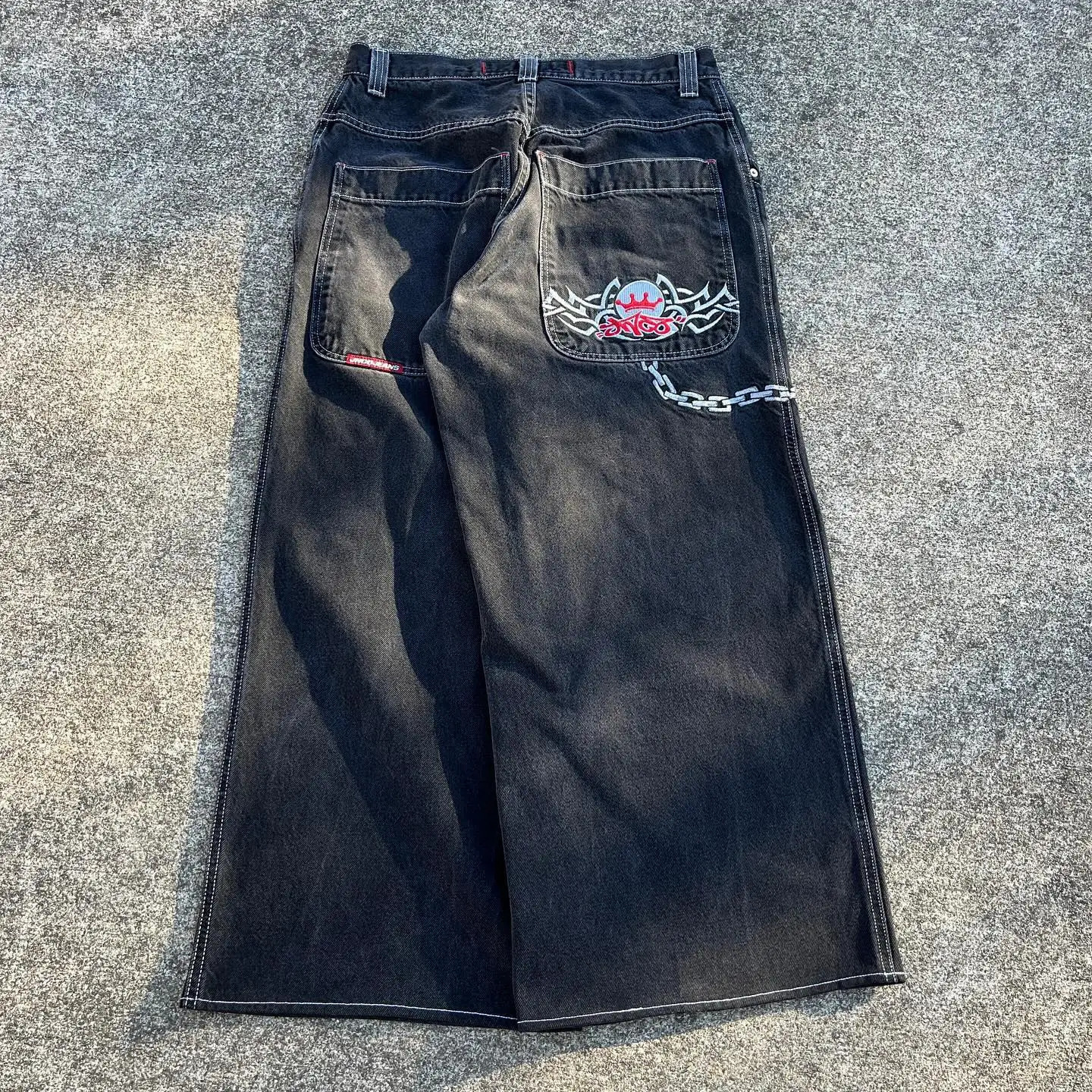 JNCO Цепная вышивка Y2K Винтажные мужские джинсы Модные потертые повседневные широкие джинсовые брюки Хип-хоп Панк Мешковатые брюки Уличная одежда 240311