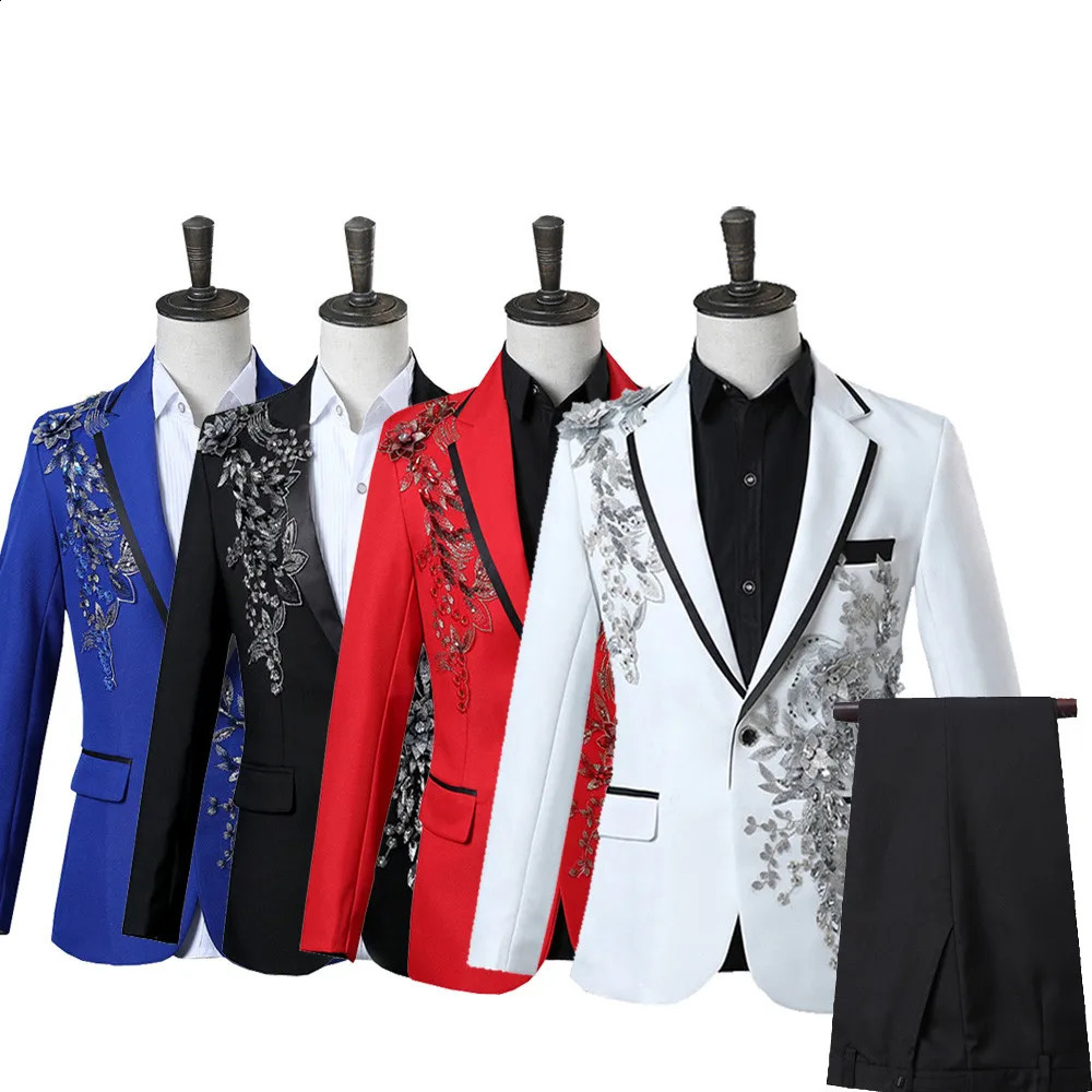 Traje elegante de dos piezas con apliques para hombre, traje para banquete de boda, baile de graduación, disfraz de Navidad, Blazer para hombre, estilo chino 240312