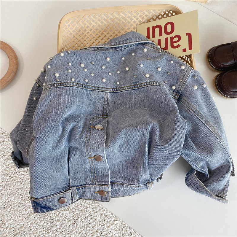 Fashion girls beaded denim jacket INS kids lapel long sleeve cowboy outwear children casual coat S1213