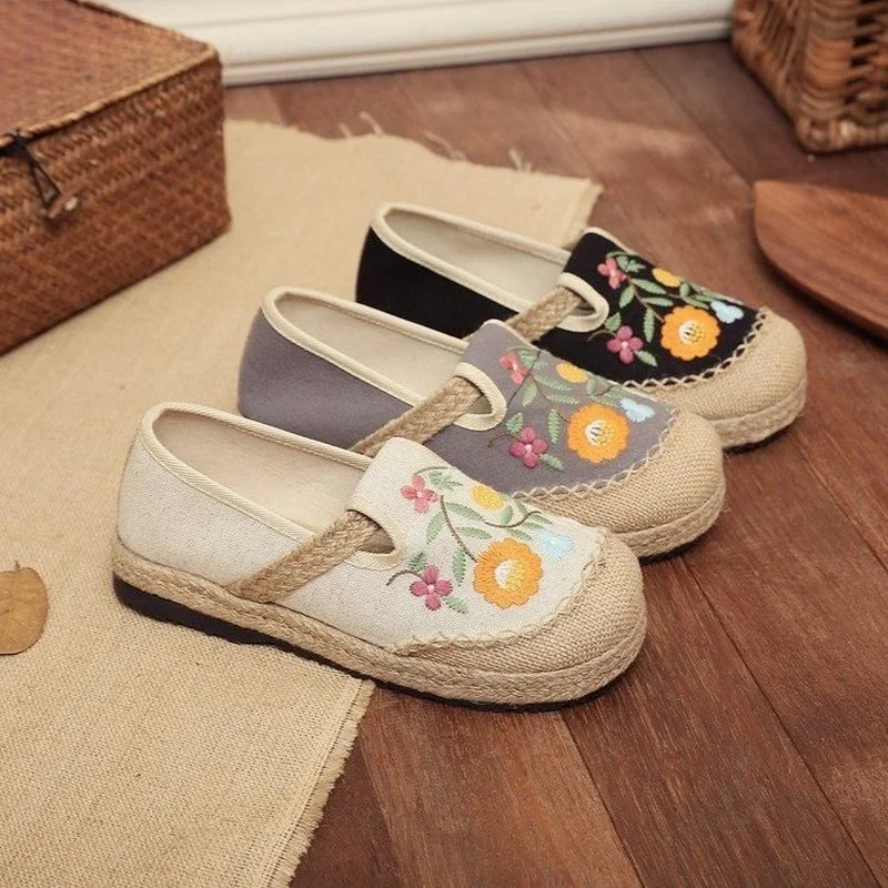 Stövlar nya kvinnor lapptäcke canvas linne loafers handgjorda damer avslappnad slip på sneakers broderade platt espadrilles hampskor