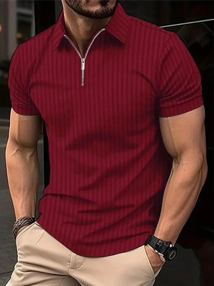 Summer Mens Striped Modna lekka, krótkie rękawowe, swobodna koszula polo z półprzepustową elastyczną T-shirt z krótkim rękawem 240318