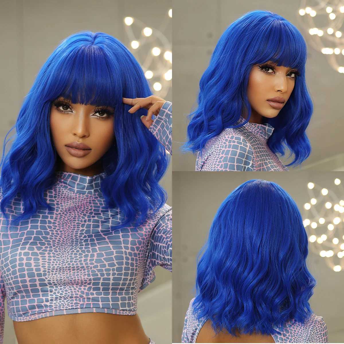Sentetik peruklar mavi kısa bob cosplay lolita sentetik peruklar su dalgalı saç peruk kadınlar için patlama ile doğal ısıya dayanıklı cadılar bayramı partisi kullanımı 240328 240327