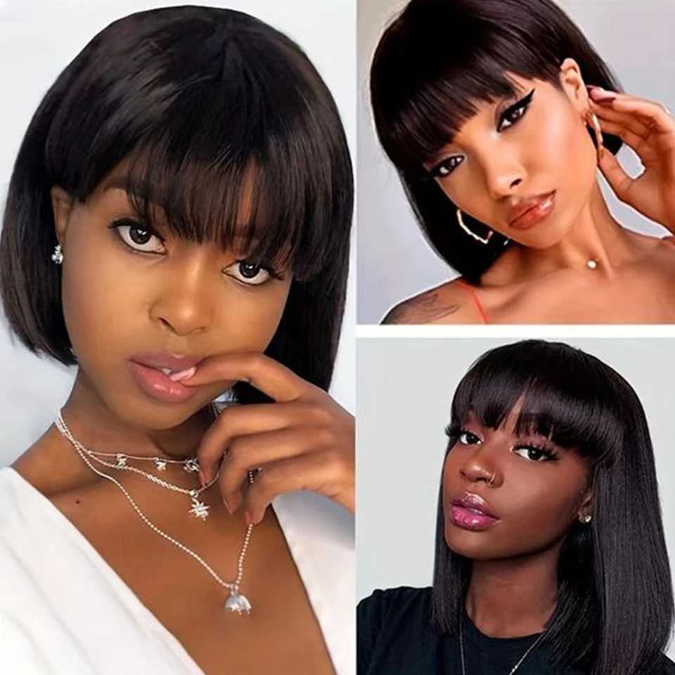 Synthetic Wigs Brazilian Short Straight Hair Bob Wigs Human Hair Wig With Bangs Remy Full Machine Made Wig for Women Non Lace Glueless Bob Wig 240328 240327