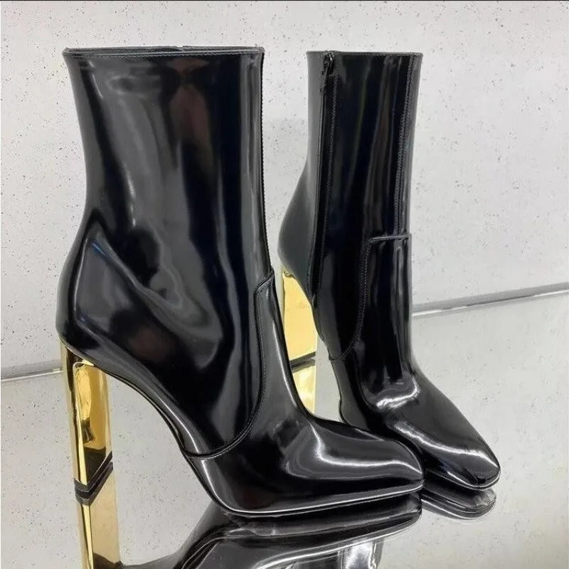 Pointed Toe Black Patent Leather Knee High Boots Zip Gold Heeled Sexy Women 2024 Winter Tall Boot Luxury Designer Shoes 240301