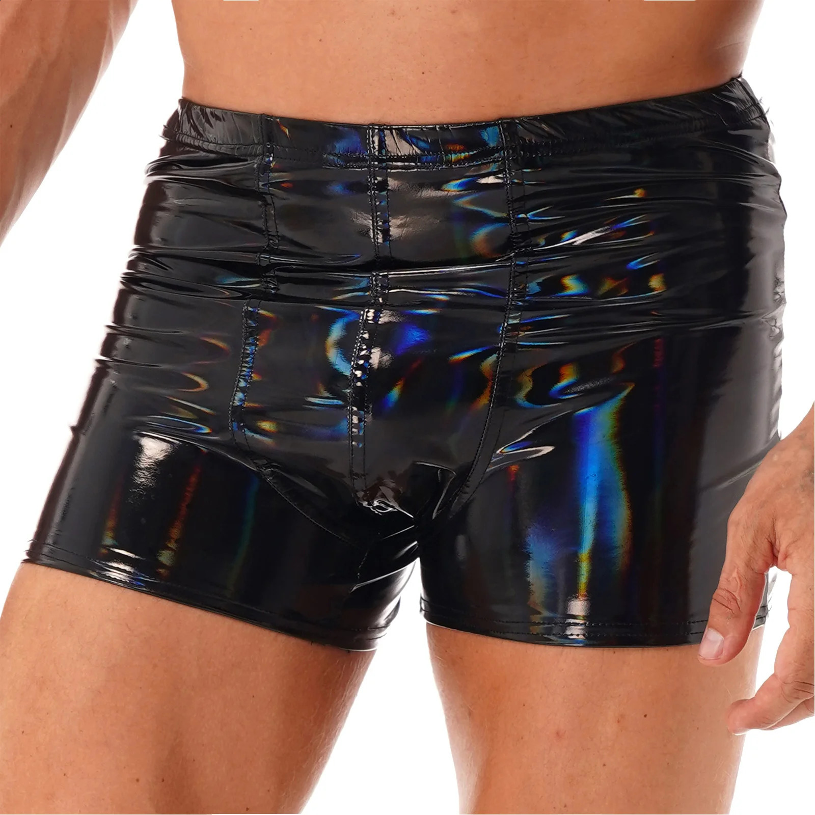 Sexy Mens Wet Look Patent Leather Boxer Briefs Bulge Pouch Shorts Underwear Shiny Metallic Swim Trunks Bikini Bottoms Swimwear 240318