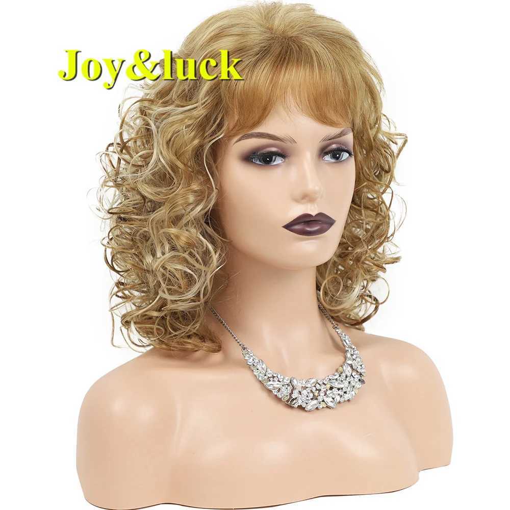 Syntetiska peruker Joy Luck Short Curly Wig Syntetisk hår peruk Guldblandning Blond färg Kvinnor full peruk med Bangs Natural Daily Hair Style 240328 240327