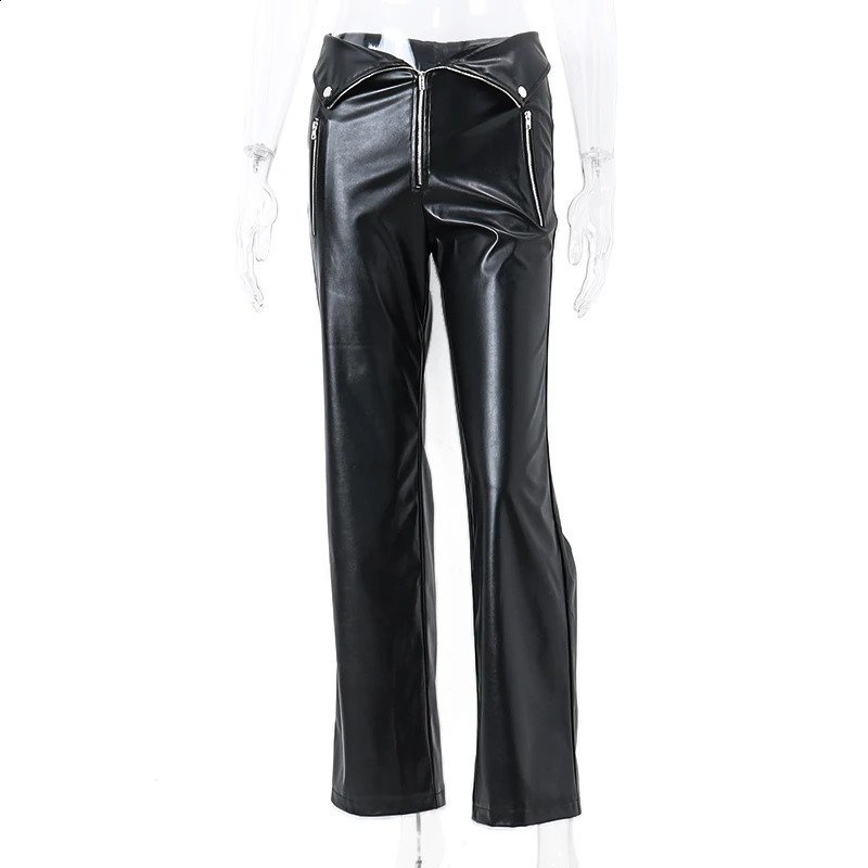 WhereMery Y2K mode pantalon en cuir femmes taille haute Sexy fermeture éclair droite mince pantalon Streetwear hiver dames pantalon noir 240318