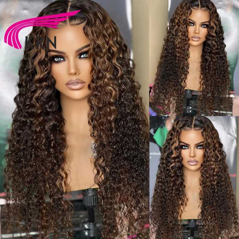 合成ウィッグスKRN OMBRE BLONDE CURLY 4x4 Baby Hair 13x6 Lace Front Brazilian Hair Wigs With High Light High Light for Women 240329