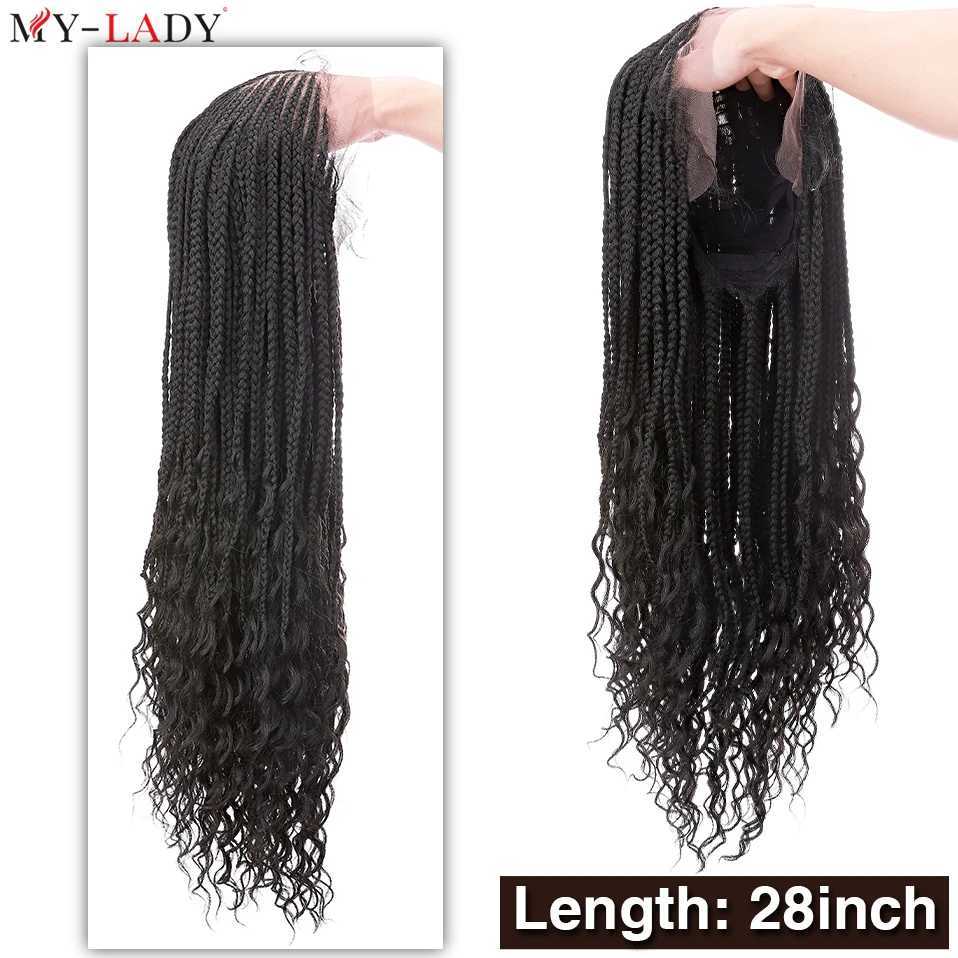 Synthetische pruiken My-Lady 28 inch synthetische vlechten pruik cornrow pruiken met kanten voorkant gekrulde uiteinden zwarte dames doos gevlochten frontale kanten pruiken met babyhaar 240329