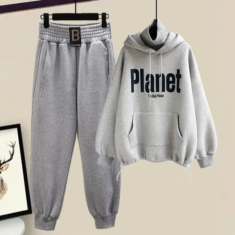 Höst- och vinterkvinnor Set Korean förtjockade Sweatpants Set Female Student High Collar Hooded Top Two Piece Set 240313