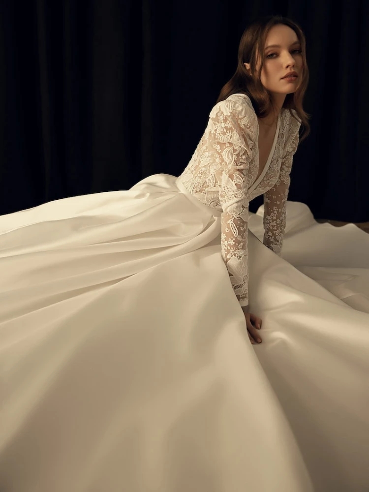 Robe De mariée De luxe en Satin, décolleté en v profond, manches longues, dos nu, ligne a, longueur au sol, style Boho, YD