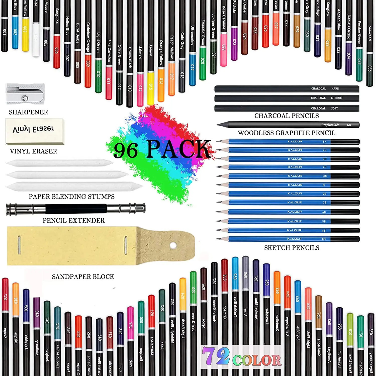 72色の鉛筆と24個のスケッチキタートペンシルキットを含む96個のプレミアム描画鉛筆セット。
